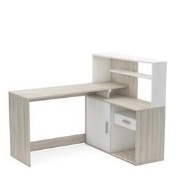 Demeyere - Escritorio esquinero con Almacenamiento y 1 Puerta corredera de Madera - Estilo Natural - Color Roble Shannon y Blanco Mate - 137 x 113 x 108 cm