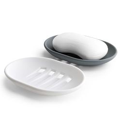 Oamwrae Lot de 2 Porte Savon en Silicone avec Drainage, Boite Savon Antidérapant et Portable, Porte Savon Salle de Bain, Douche, Cuisine (Gris et Blanc)