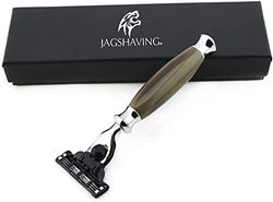 Jag Shaving Strumento da barba manuale a triplo bordo con manico en resina verde e marrón