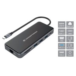 Hub - adaptador Type-C 12 en 1 con 2x HDMI, VGA, MicroSD/TF, 3x USB 3.2 y LAN Gigabit, ideal para conectividad avanzada.