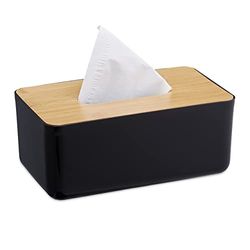 Relaxdays Caja Pañuelos Papel, Portapañuelos, Dispensador Plástico Toallitas, Tapa Madera, 10x23x13 cm, Negro/Natural