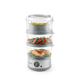 Petra Cuiseur à Vapeur 3 niveaux 500W, Grande capacité 7.5L, 3 paniers, 1 panier cuiseur de riz, Minuteur 60 Minutes, Sans BPA pour cuisson, légumes, poissons, Design rangement compact, Garantie 3 ans