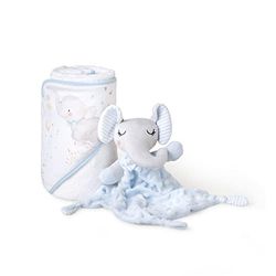 Interbaby Babybadhanddoek, wit/blauw met capuchon, katoen, 100 x 100 cm, uniseks, zacht, sneldrogend, ideaal voor pasgeborenen, baby's en peuters, olifantendesign