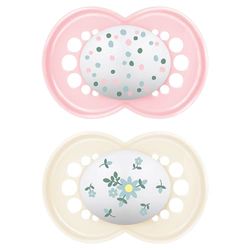 MAM Chupeta de látex de borracha natural, a partir de 6 meses, com cetina simétrica, plana e flexível, com caixa auto-esterilizadora, MAM original, rosa brilhante, embalagem de 2 unidades