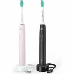 Philips Sonicare 3100 spazzolino elettrico sonico, sensore di pressione e timer, colore rosa e nero, confezione doppia, HX3675/15, Sonicare 3100, Nero/Rosa