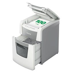 Leitz IQ 80120000 - Destructeur de Documents Coupe Micro Sécurité P5 pour Bureau, Automatique, Capacité 100 Feuilles, Corbeille 34 litres, Blanc