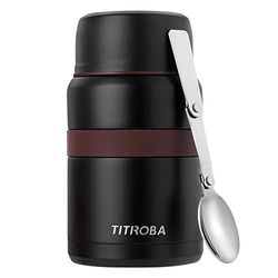TITIROBA Pojemnik termiczny do jedzenia, bez BPA, stal nierdzewna 304, pojemnik utrzymujący ciepło, pojemnik na żywność, 500 ml, z łyżeczką i torbą czarny