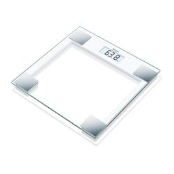 Beurer GS 14 - Báscula de baño de vidrio, vidrio de seguridad, apagado automático, puesta en marcha con sensor vibración, 150 kg / 100 gr, color transparente/ Blanco/ Plateado