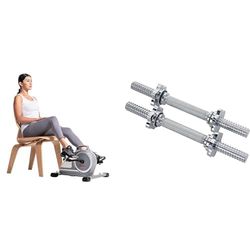 Sunny Health & Fitness Magnetic Under Desk Mini Exercise Cycle Bike, Dual Function Pedal Exerciser + 35.5 cm Threaded Chrome Dumbbell Bar