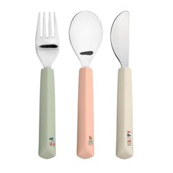 LÄSSIG Barnbestick-set 3-delad gaffel, sked, kniv rostfritt stål silikonhandtag/Cutlery med silikonhandtag glad frukt körsbär