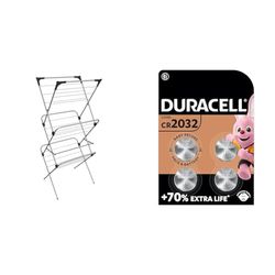 Vileda Sprint 3-Tier Clothes Airer, Indoor Clothes Drying Rack with 20 m Washing Line, Silver & DURACELL 2032 Lithium Coin Batteries 3V (4 Pack) - Up to 70% Extra Life - Baby Secure Technology