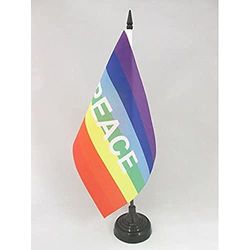 AZ FLAG - Drapeau De Table Arc-en-Ciel Peace 21x14 cm - Petit Drapeau Arc-En-Ciel De Bureau 100% Polyester Avec Hampe De 25cm Et Socle En Plastique Noir