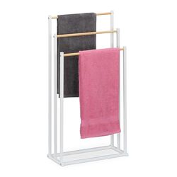 Relaxdays Towel Rack, HxWxD: 86 x 44 x 21 cm, Metal, 3 Rails in Wood Look, Freestanding, Bathroom Airer, White/Natural, Iron