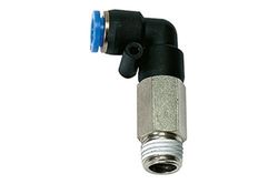 Rosca de conexión en L "Blaue Serie", larga, giratoria, R 3/8 A, para manguera de diámetro exterior de 12 mm, de trabajo. Máx. 15 bar, plástico/MS vern.