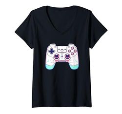 Mujer Gaming Controller Cartoon Look Juegos Camiseta Cuello V