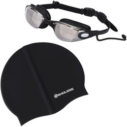 Endless High-Performance Swimming Cap and Goggles Combo Set | Premium Silicone Swim Cap with Anti-Fog, UV Protection Swim Goggles|Sleek Design for Men and Women |Color: Black