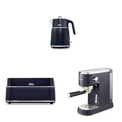 Morphy Richards Signature Kettle, Toaster and Compact Espresso Machine Set, 1.5L Fast Boil Matte Finish Kettle, 2 Slot Variable Browning Toaster, Espresso Maker, Midnight Blue,100703 | 245703 | 172025