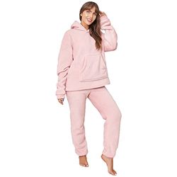 Dreamscene Flannel Fleece Pyjama Sherpa Lined 2-Piece Set Womens Top Elasticated Cuff Bottoms Sleep Nightwear, Blush Pink - Large