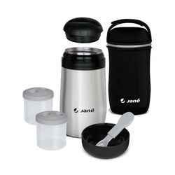 Jané Thermosfles voor vast voedsel, 1 liter, 2 aparte compartimenten, luchtdicht, met lepel, draagtas