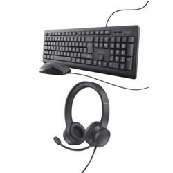 Trust Taro Wired Keyboard and Mouse Set Qwerty UK Layout + USB Headset with Microphone On-Ear, Quiet Combo and Wired Headphones with Microphone for Computer Laptop Mac Desktop Home Office - Black