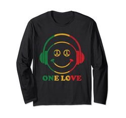 One Love Rasta Reggae Auriculares Peace Smile Face Rastafari Manga Larga