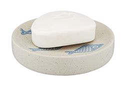 WENKO Porte-savon Aquamarin, coupe à savon pour le rangement du savon à main, en céramique noble en blanc mat avec un décor maritime bleu, dessins réalisés à la main, Ø 10 x 3 cm