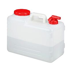 Relaxdays jerrycan met kraan, met schroefdop, watertank, voor camping & tuin, kunststof, 15 liter, BPA-vrij, wit-rood