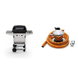 Campingaz Expert Deluxe Barbacoa gas piedra volcanica, parrilla gas con dos quemadores compactos y quemador lateral + Regulador gas butano + tubo goma 1,5 m + 2 abrazaderas, gris/naranja