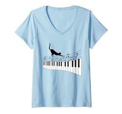 Mujer Gato tocando en el piano Notas musicales Hojas Música Pianista Camiseta Cuello V