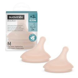 Suavinex - Pack de 2 Tetinas para el Biberón Anticólicos Zero Zero, Repuesto de 2 Tetinas de Flujo Medio (M), Para Líquidos de Densidad Media, Leche, Zumos o Papillas Líquidas, +3 Meses, Medium