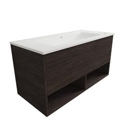 Atrios Modelo Bastet Conjunto Baño Estilo Madera con 1 Cajón, 2 Huecos y Lavabo Porcelánico, Mueble MONTADO, Suspendido en Pared, Laminado Castaño, 120 cm