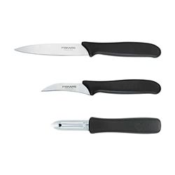 Fiskars skalningsset, 3 delar, skalkniv (11 cm blad), grönsakskniv (7 cm blad), skalare (7 cm blad), Essential, rostfritt stål / PP-plast, svart, 1065600