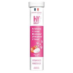 GRANIONS HYDROP ELECTROLYTE - Electrolytes Hydratation SANS SUCRE - Fabriqué en France - Vitamines, Minéraux, Magnesium - Pastille Hydratation - 20 Pastilles Effervescentes avec Electrolytes - Fraise
