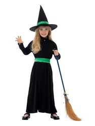 Smiffys Wicked Witch kostym, svart med klänning, bälte och hatt, halloween barn maskeradklänning, häxa utklädningsdräkter