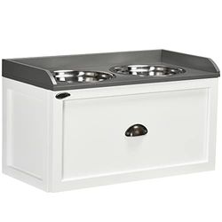 PawHut Gamelles Chiens Surélevées - Porte-gamelles surélevé Chat Rangement 2 en 1 - tiroir, 2 gamelles 2L - en Acier INOX. et Bois Blanc Gris