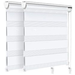 VOUNOT Set of 2 Zebra Roller Blind Double Fabric, Day and Night Translucent or Blackout Vision Curtains, No Drilling for Window and Door, White, 100 x 150 cm