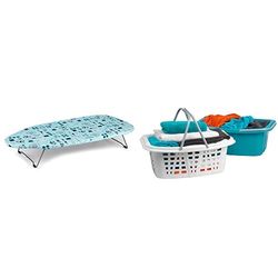 Beldray LA023735SEW Mini Petite Table Planche à Repasser, Table Repassage Voyage, 73 x 31 cm + LA030450TQEU Lot de 2 Panier à Linge, Paniers de Rangement à Linge en Plastique