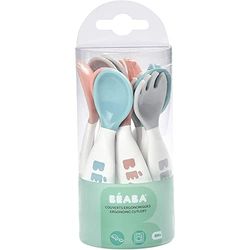BÉABA, Set Premiers Couverts ergonomiques, Lot de 6 Cuillères & 4 Fourchettes, Manche court et arrondis, Prise en main facile pour Bébé, Adaptée aux droitiers et aux gauchers, Gris/Bleu/Rose