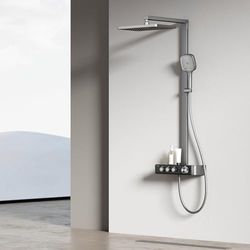 EMKE Colonna Doccia Termostatica– Antracite Opaco, Regolazione Innovativa del Flusso, Doccia Effetto Pioggia 36x24 cm, Doccia a Mano con 3 Getti, Barra Doccia e Tubo, Installazione Facile