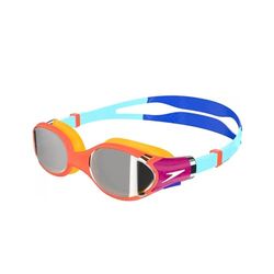 Speedo Junior Biofuse 2.0 Swimming Goggles | Patented Easy Adjustment | Anti-Fog | Anti-Leak | Enhanced Fit | Improved Comfort, Cobalt Pop/Marine Blue/Volcanic Orange/Chrome, One Size