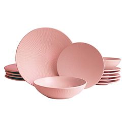ECHTWERK Blanka Service de table vintage 12 pièces pour 4 personnes Design naturel élégant avec structure en faïence avec 4 assiettes plates, 4 assiettes à dessert, 4 assiettes creuses, rose