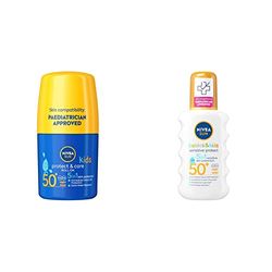 NIVEA SUN Kids Protect & Care Caring Roll-On Sunscreen with SPF 50, Roll-On Kids Suncream for Delicate Skin & SUN Kids Protect & Sensitive Spray Sunscreen Spray with SPF 50+