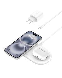 Belkin BoostCharge Pro Station de Charge 2-en-1 avec MagSafe (Chargeur sans Fil avec Charge Rapide 15 W, pour Tous Les modèles de l'iPhone 16, 15, 14, 13, 12, Les AirPods, et Tout Appareil MagSafe)