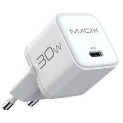 Magix Caricatore 30W NANO, Caricabetterie USB-C GaN PD Power Delivery Per iPhone 15/15 Plus/15 Pro/15 Pro Max, 14/13/12-Mini/Pro/Pro Max/SE, AirPods Pro, iPad Pro, Galaxy(EUR PLUG)(BIANCO)