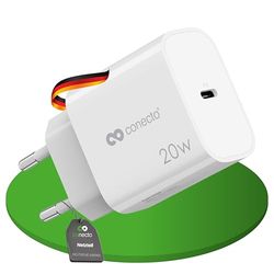 conecto Cargador USB-C, Fuente de alimentación USB, 1 Puerto, 1x USB-C 20 W MAX. PD, Cargador rápido, Cargador de teléfono móvil, Blanco