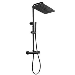 JOHO Columna de Ducha Negro con Grifo Termostático Sistema de ducha Monomando Barra Altura Ajustable con Ducha de Mano y Alcachofa para Ducha Lluvia XXL 35 x 25 cm