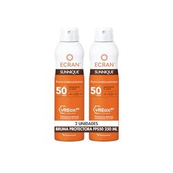 Ecran Sunnique solskyddsmedel för solenergi SPF 50, UVB + UVA- och IR-A-skydd, stärker försvaret, skyddar huden, återfuktning 24 h, formel med VitEox 80, för hela familjen - Pack 2 x 250 ml