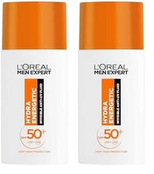 L'Oréal Men Expert Hydra Energetic Daily SPF50+ Invisible Fluid, UV Protection & Skin Revitalisation, With Vitamin C Antioxidant, 50ml (Pack of 2)