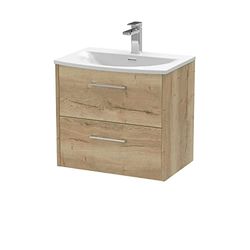 Hudson Reed JNU1824G Juno Modern Bathroom Wall Hung 2-Drawer Vanity with Curved Ceramic Basin, 600mm, Woodgrain Autumn Oak