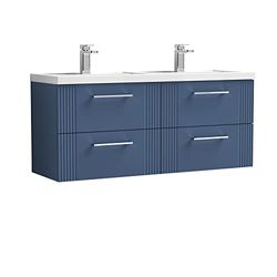 nuie DPF393C Deco Modern Bathroom Wall Hung 4 Drawer Part Fluted Vanity Unit with Twin Polymarble Basin, Satin Blue
